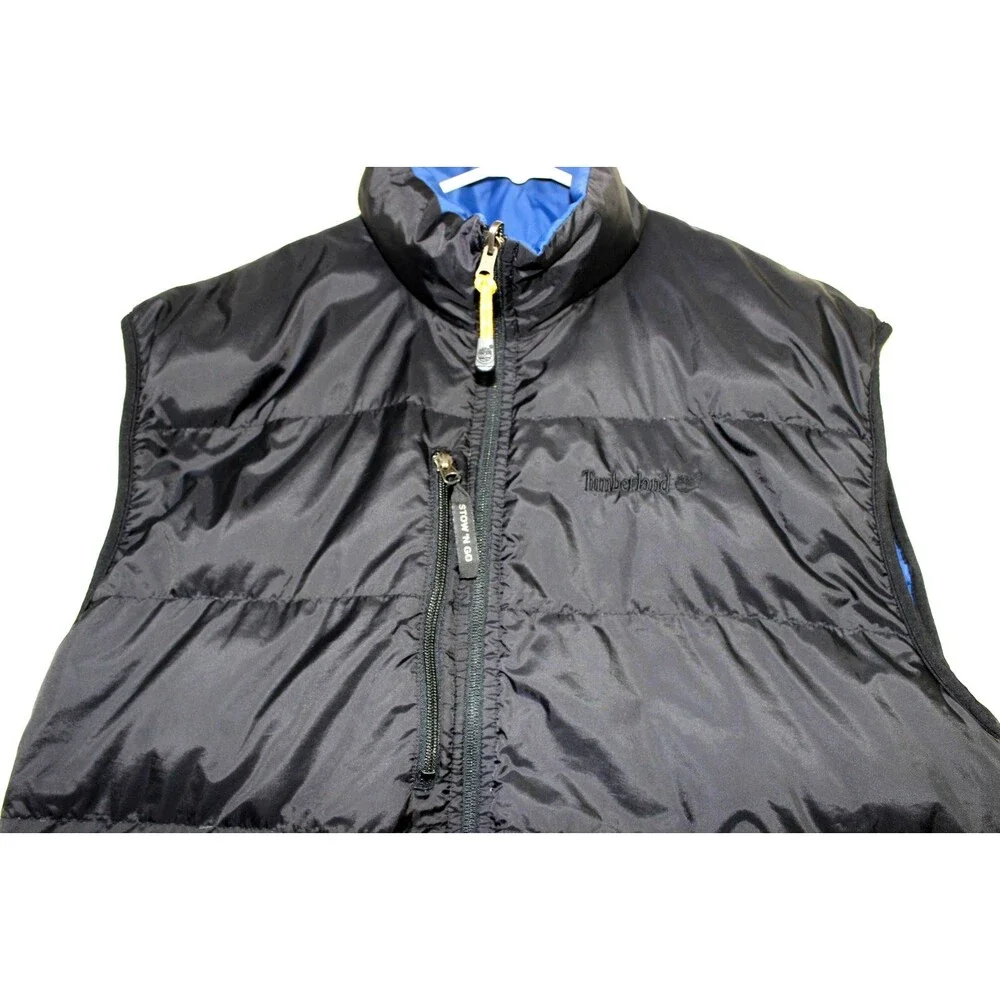 Timberland Stow N Go Down Vest Mens L Blue Black Packable Puffer Duck Insulated